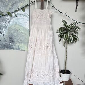 Beige Cotton cottagecore Eyelet Maxi Dress with Adjustable Straps